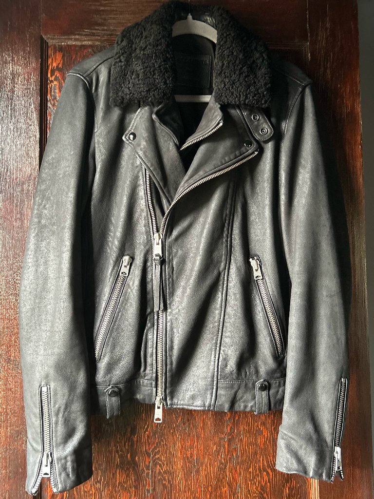 All Saints Black Leather Biker Jacket With Shearling Collar Size Small